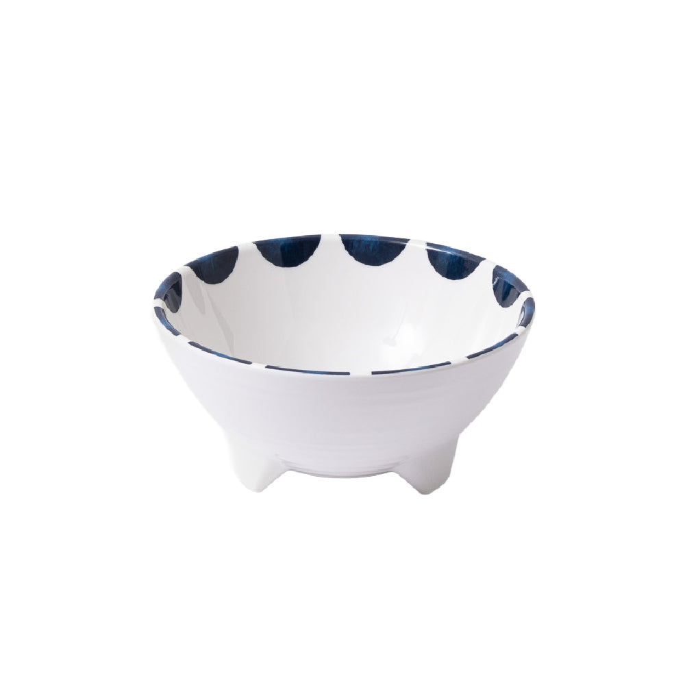 White ceramic bowl with blue interior and rim on a white background