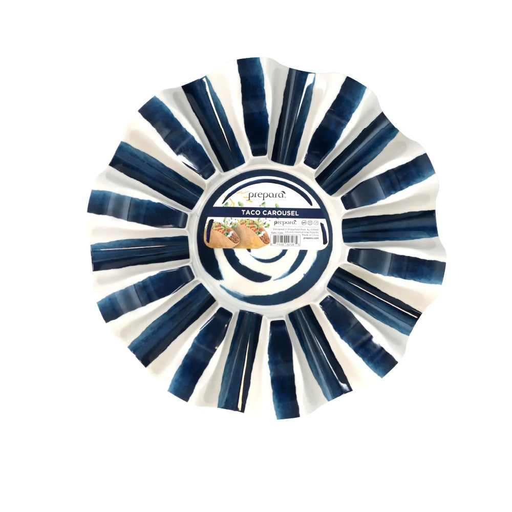 Round tray with blue and white design on a white background