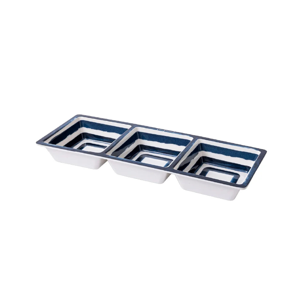 Three-compartment rectangular tray with a white base and dark blue striped borders, shown on a plain white background.