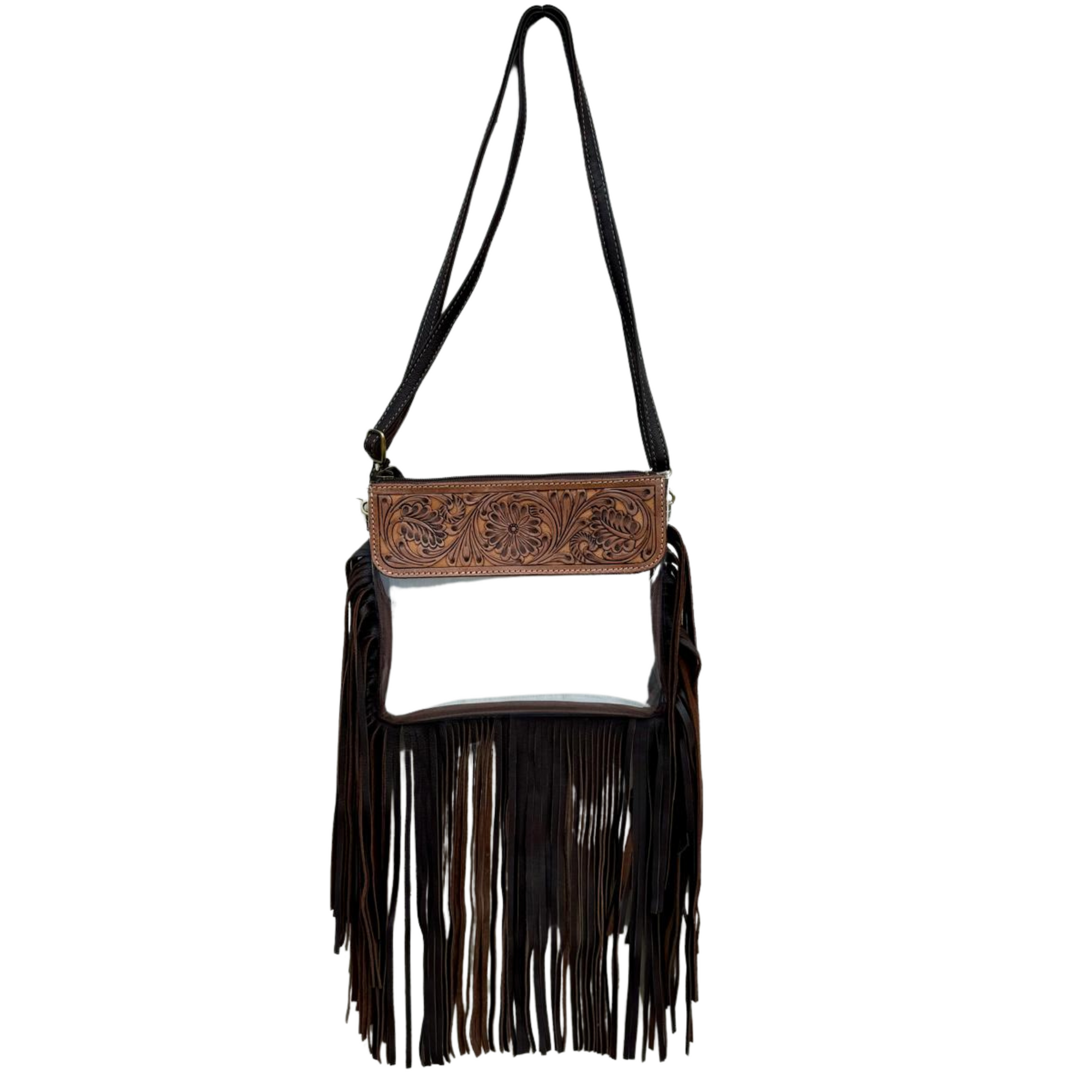 Women's Tooling Leather and Clear PVC Clutch Bag with Fringes