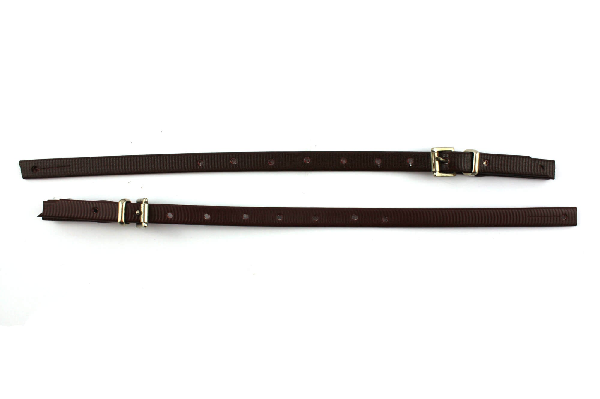 PVC Under Spur Strap. Two brown PVC under spur straps with metal buckles, laid out straight on a white background.