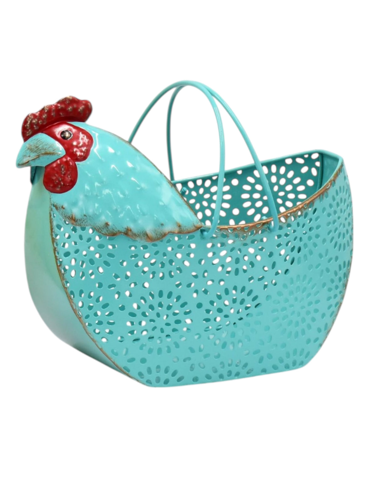 Turquoise chicken-shaped basket with red details on a white background