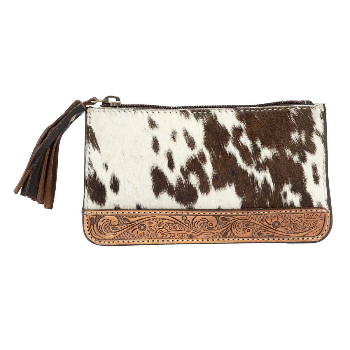 Cowhide leather clutch with decorative border on a white background