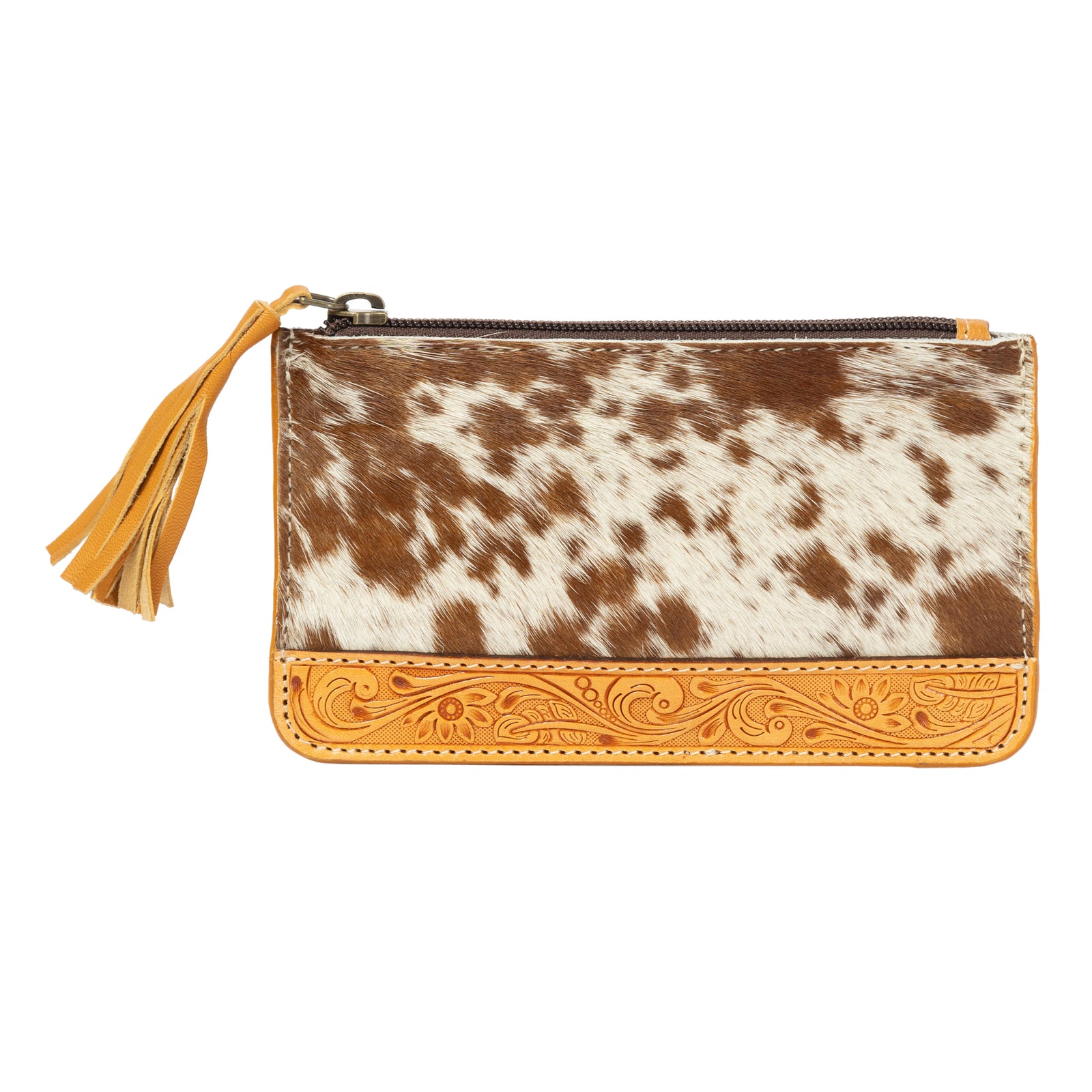 Cowhide patterned wallet with decorative border on a white background