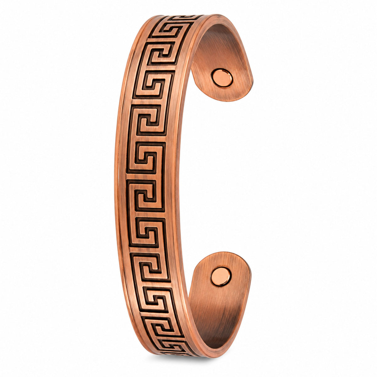 A copper-colored metal cuff bracelet with an engraved black Greek key pattern, shown on a plain white background.