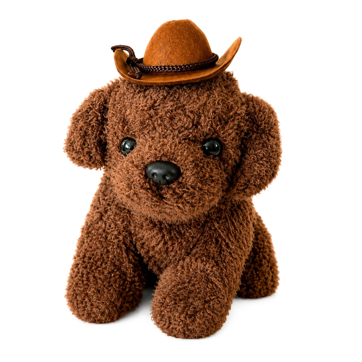A brown plush puppy toy wearing a small felt cowboy hat, photographed against a clean white background.