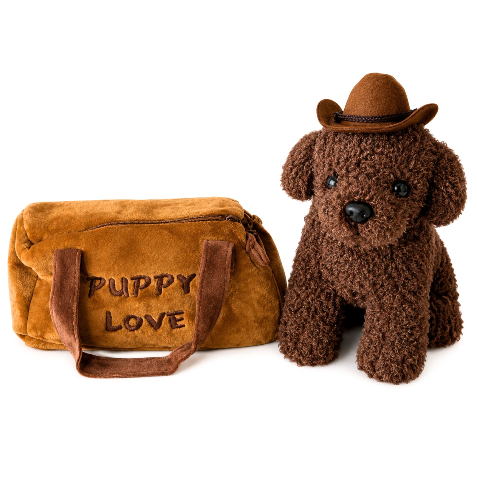 A brown plush puppy toy wearing a cowboy hat sits next to a tan suede-like duffel bag with the words 'PUPPY LOVE' embroidered on the front, photographed on a clean white background.