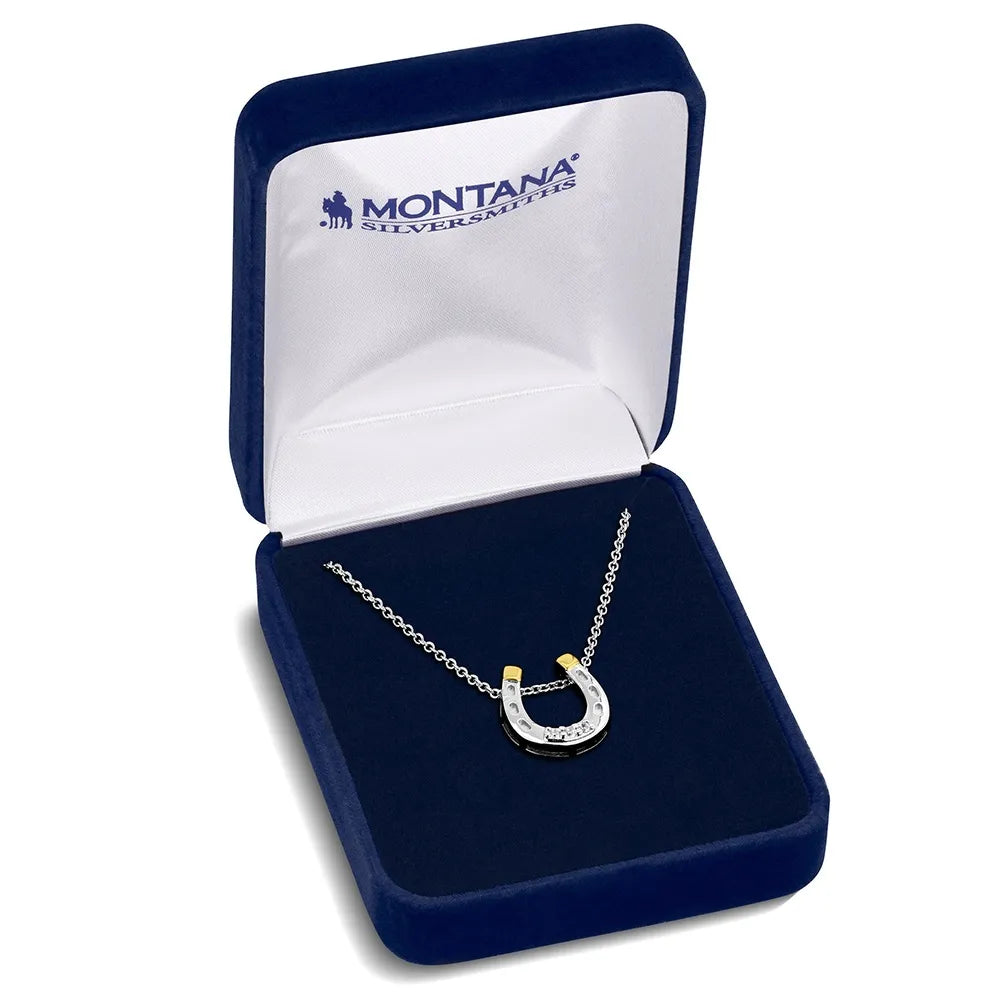 Horseshoe necklace in a Montana Silversmiths box on a white background