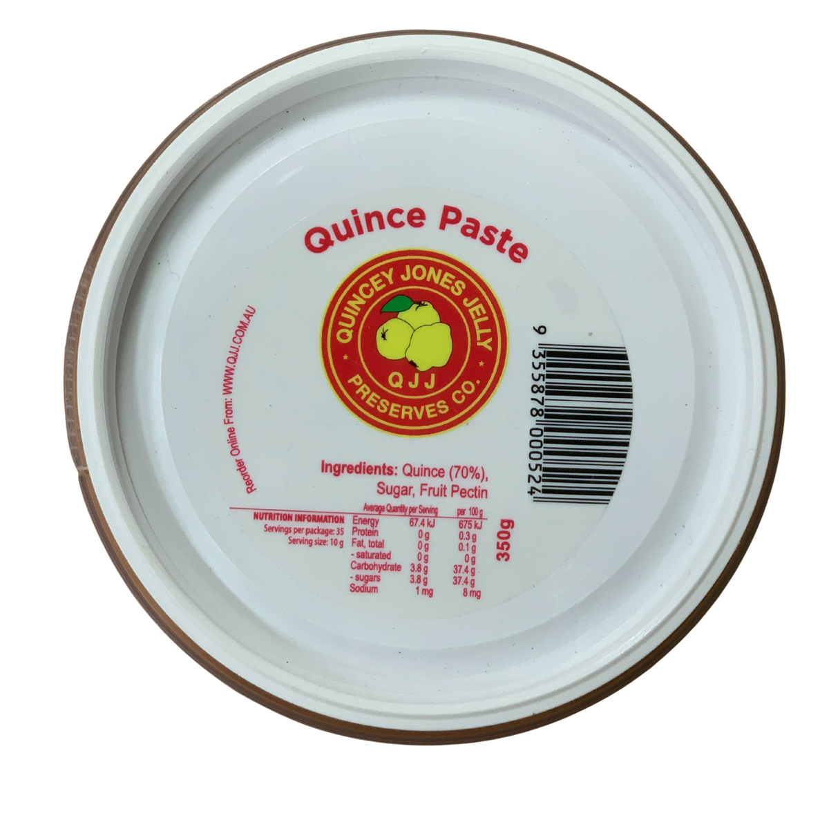 Quincey Jones 200ml Quince Paste. Quince Paste container lid with Quincy Jones Jelly Preserve Co. branding