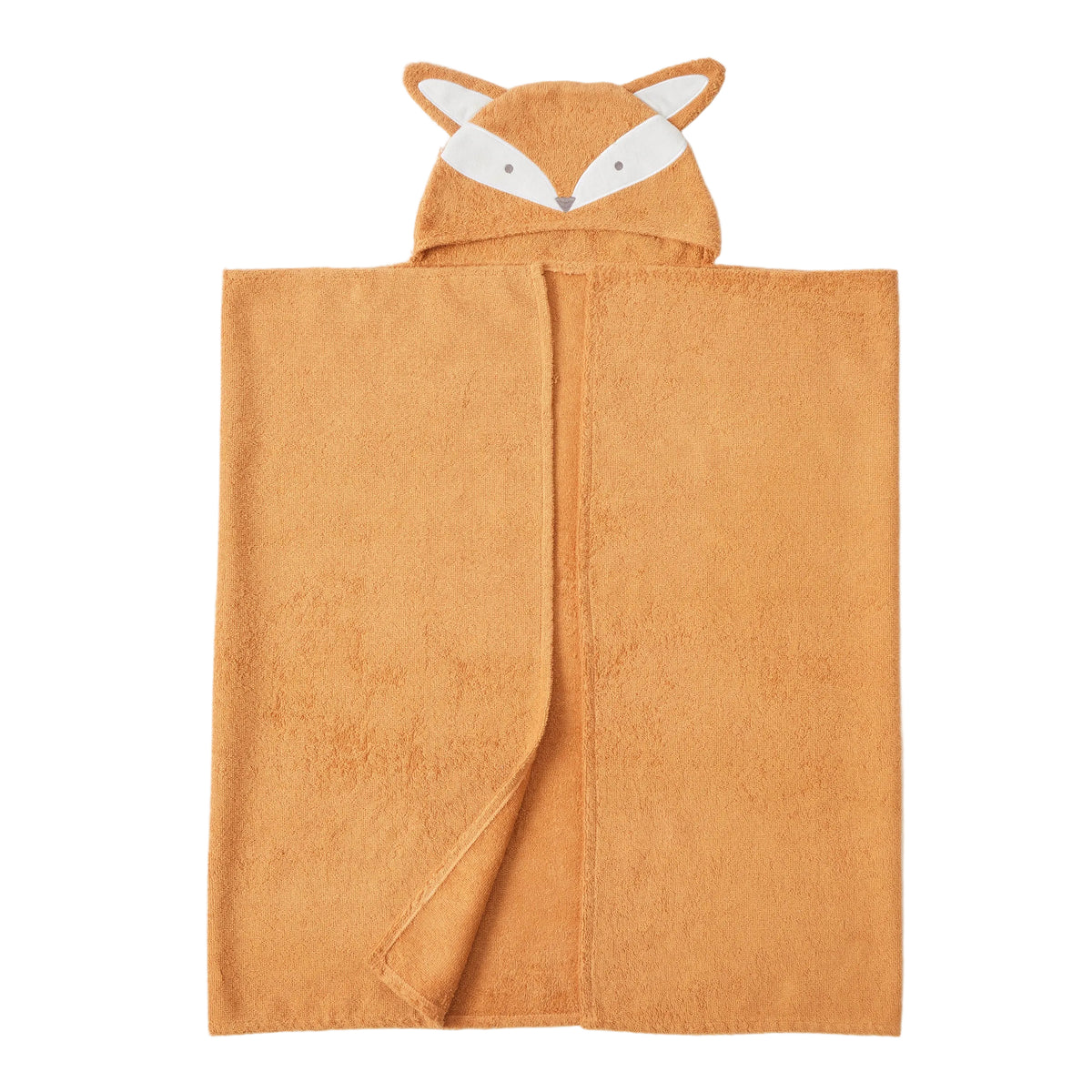 Orange fox-shaped hooded towel on a light gray background
