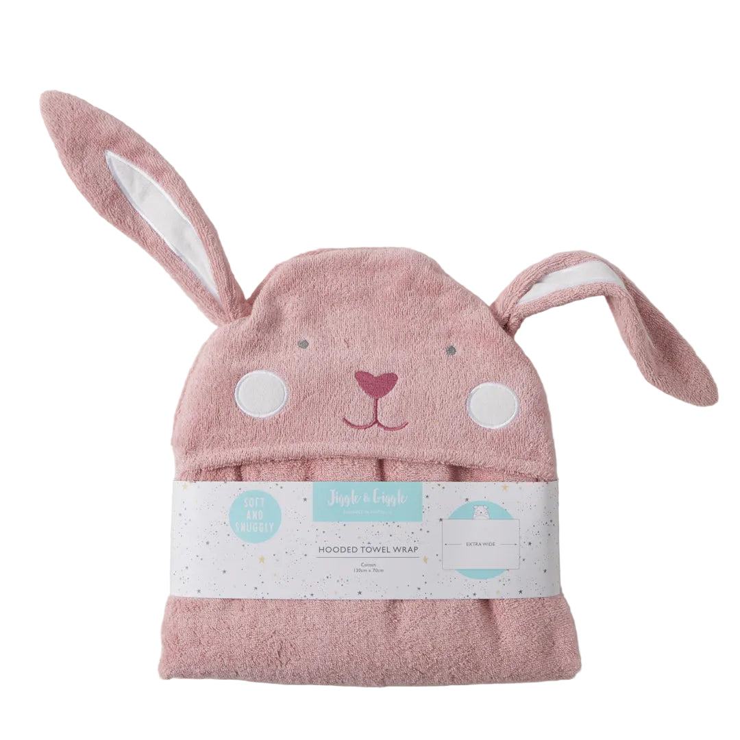 Pink bunny hooded towel wrap with ears on a light gray background
