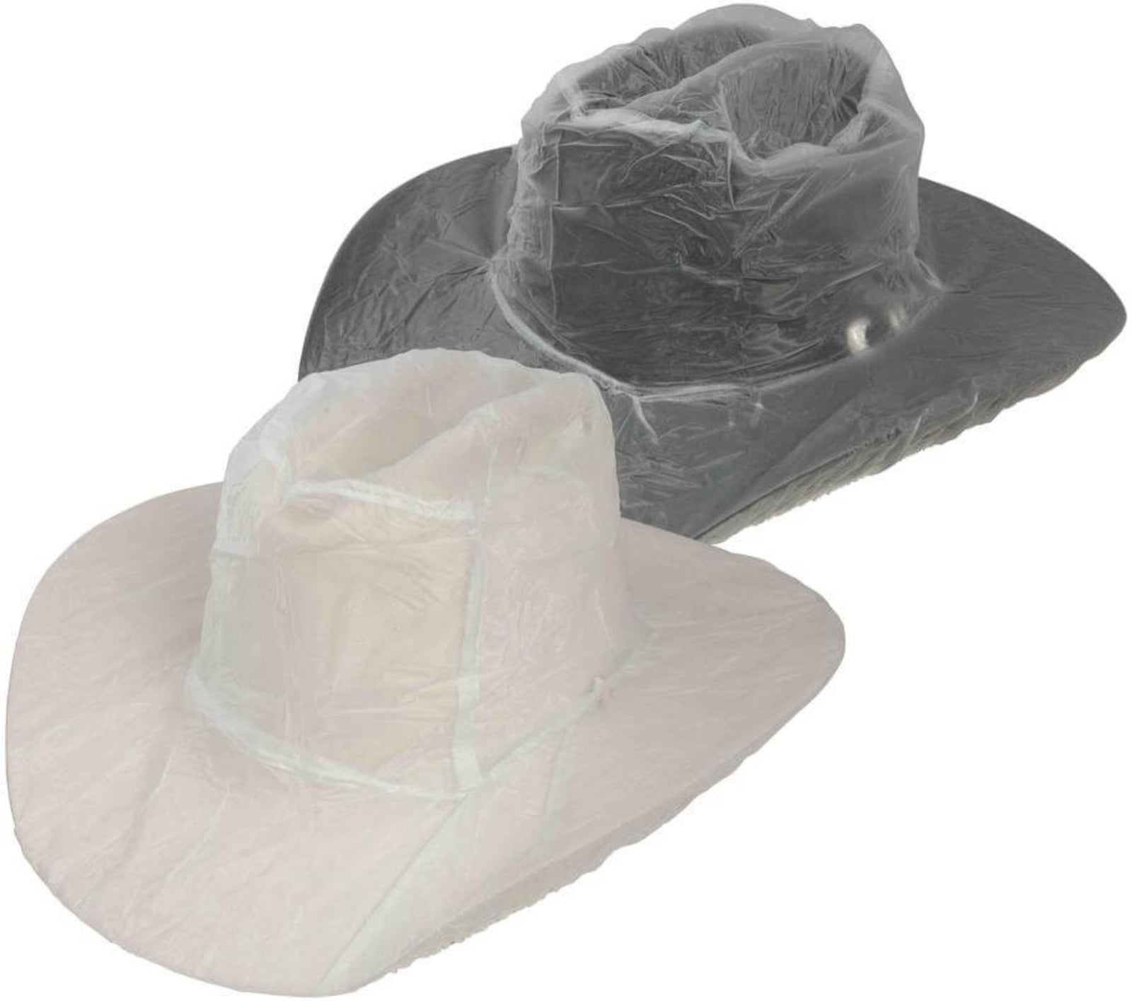 Two Resistol Rain Western Hat Covers, one beige and one black, designed to protect hats from elements.