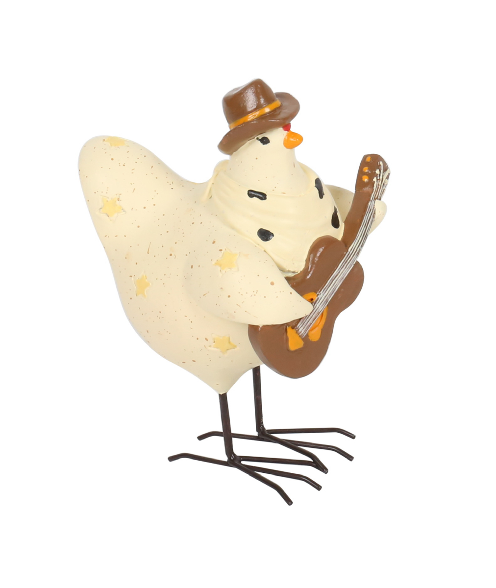 DWBH 'Daisy' Resin Chicken. Decorative figurine of a chicken playing a guitar on a white background