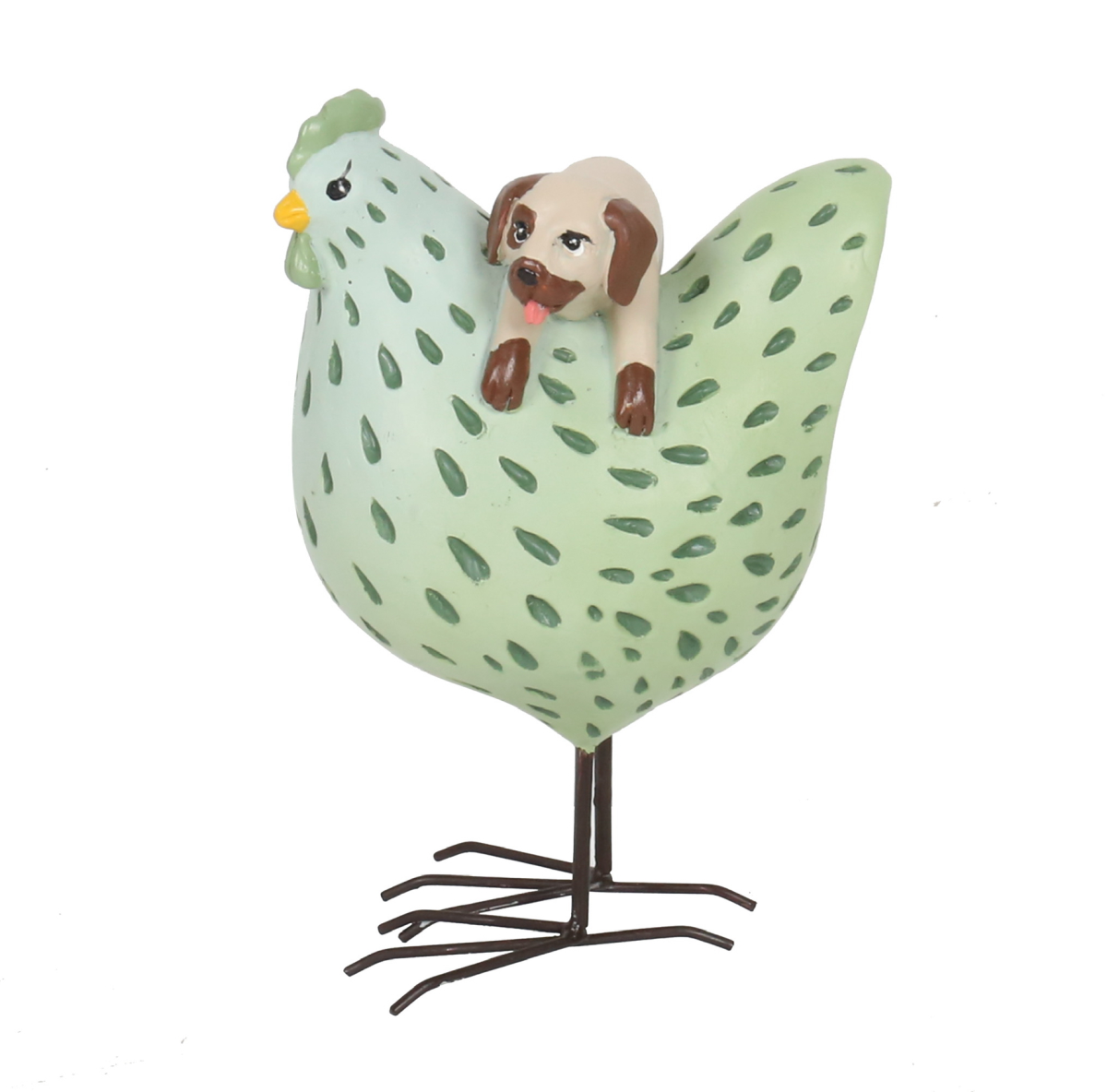 DWBH 'Dot' Resin Chicken. Decorative figurine of a chicken with a dog on its back against a white background