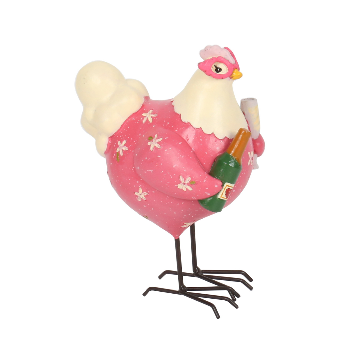 DWBH &#39;Sally&#39; Resin Chicken. Decorative figure of a chicken in a pink dress with a glass on a white background