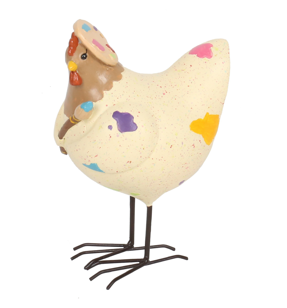 DWBH 'Frieda' Resin Chicken. Decorative chicken figurine with colorful spots on a white background