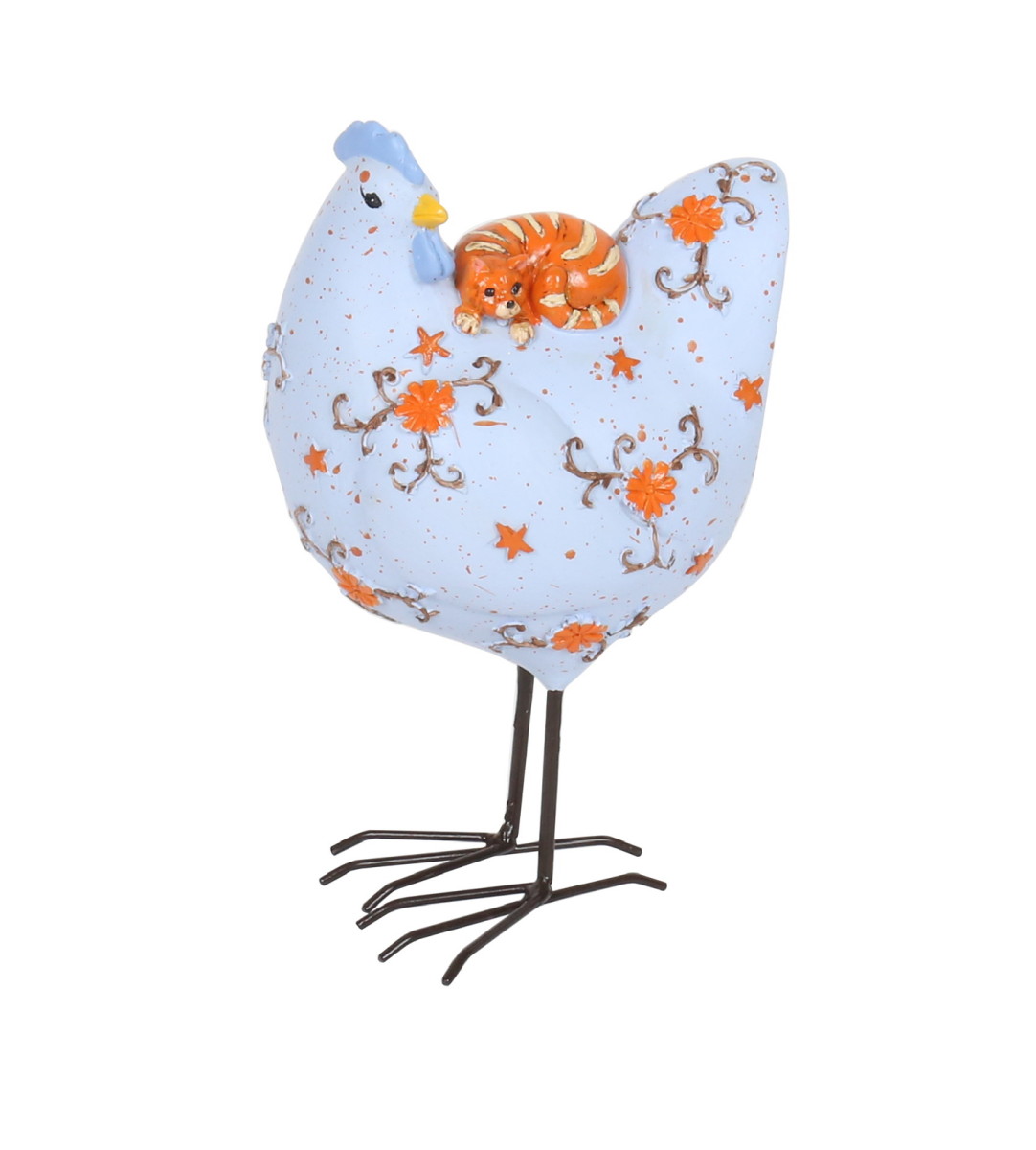 DWBH &#39;Penny&#39; Resin Chicken. Decorative chicken figurine with a small tiger on a light blue background