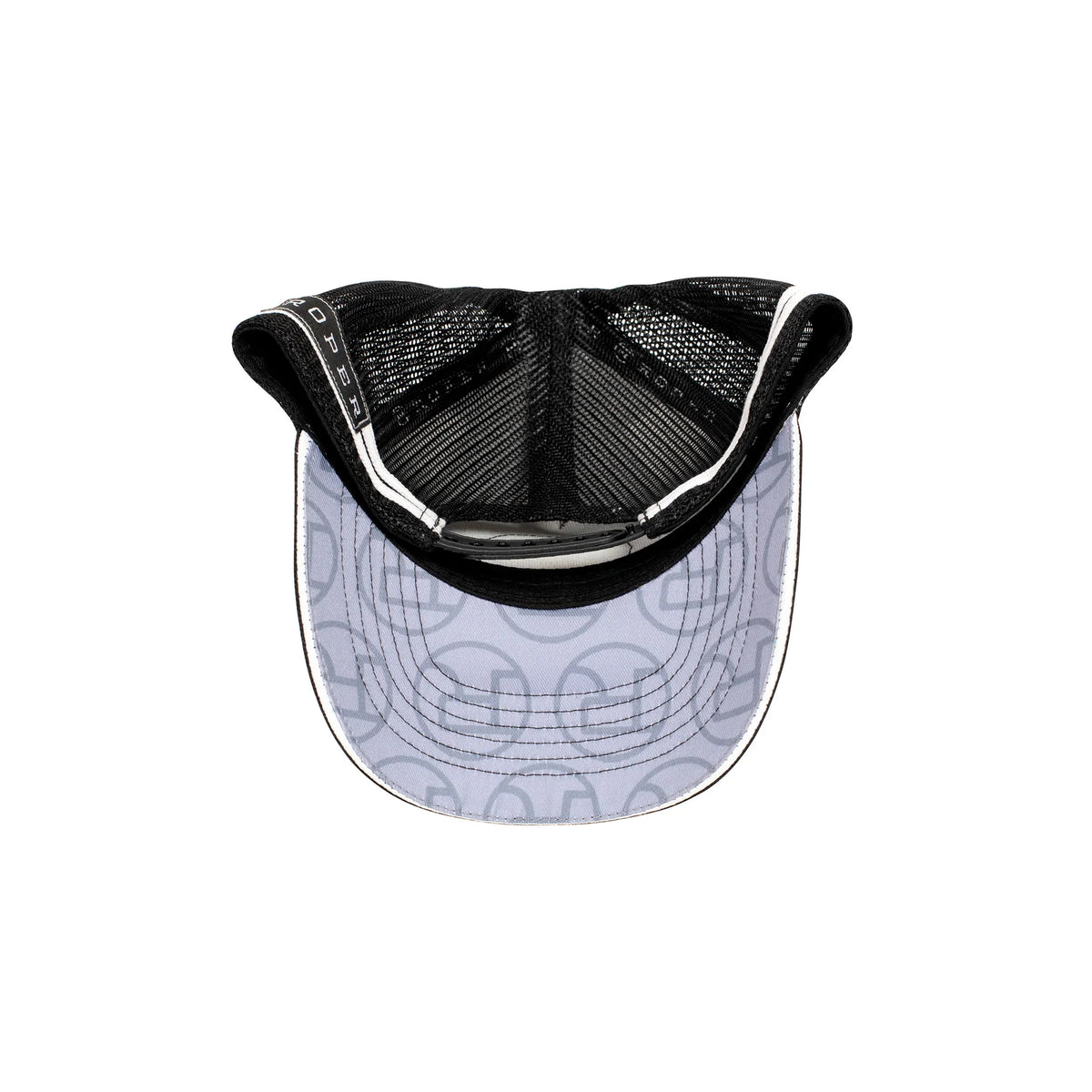 Roper Trucker Cap . Black and gray visor with mesh back on a white background