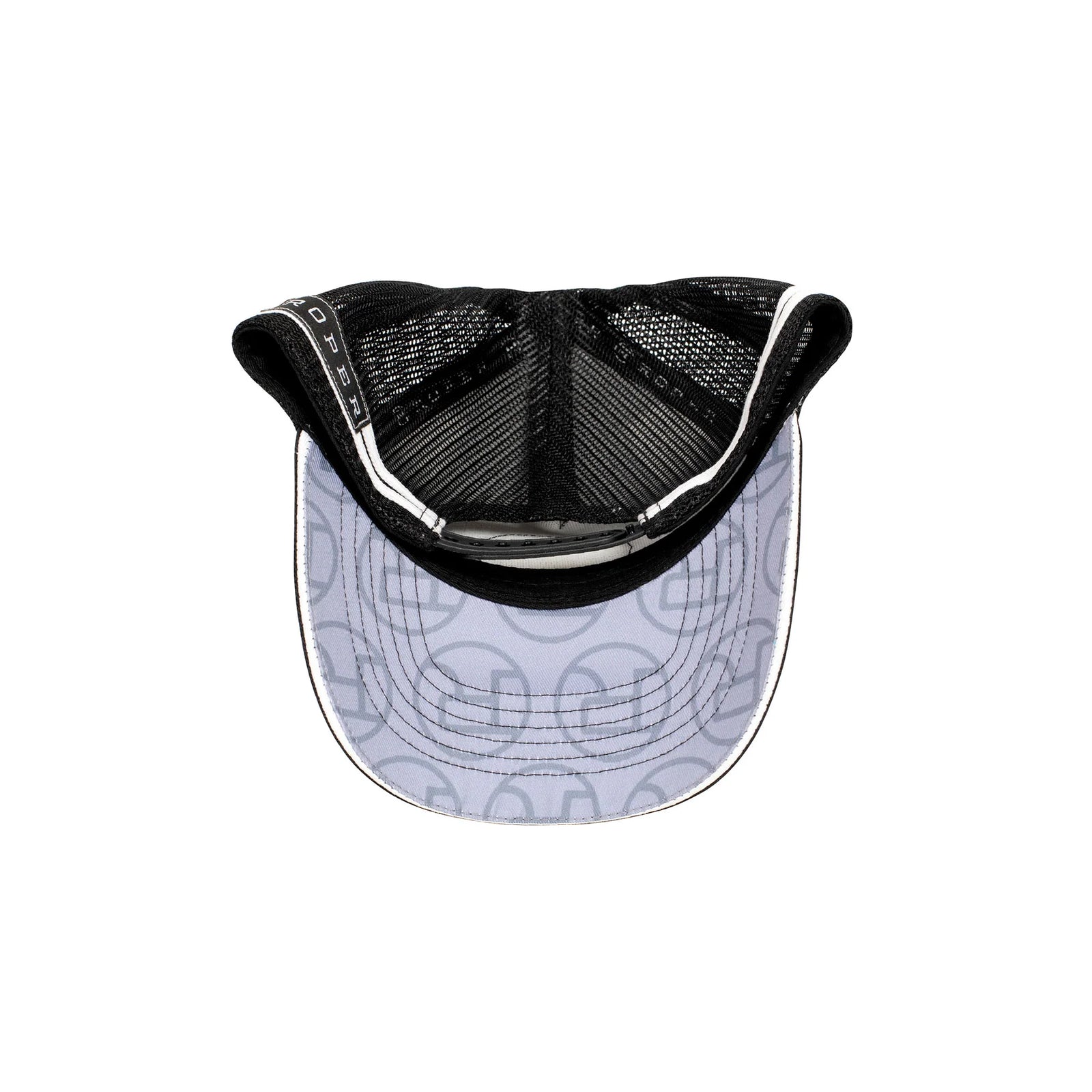 Roper Trucker Cap . Black and gray visor with mesh back on a white background