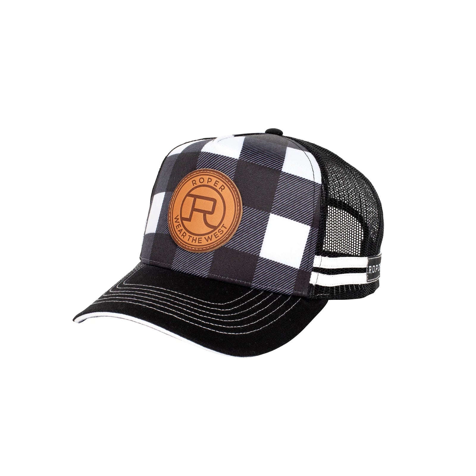 Roper Trucker Cap . Black and white checkered trucker hat with a brown logo on a white background