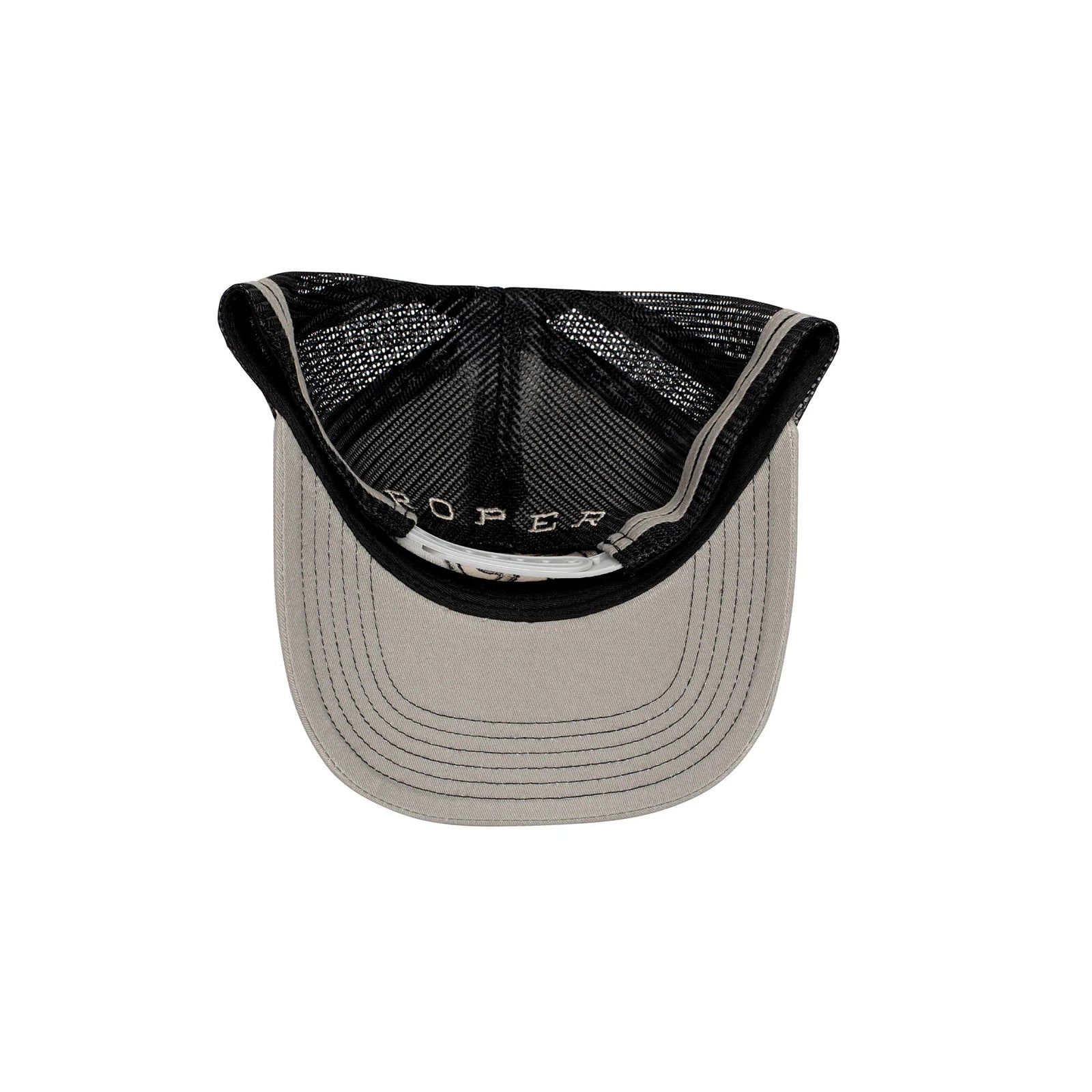Roper Trucker Cap. Gray and black mesh cap on a white background
