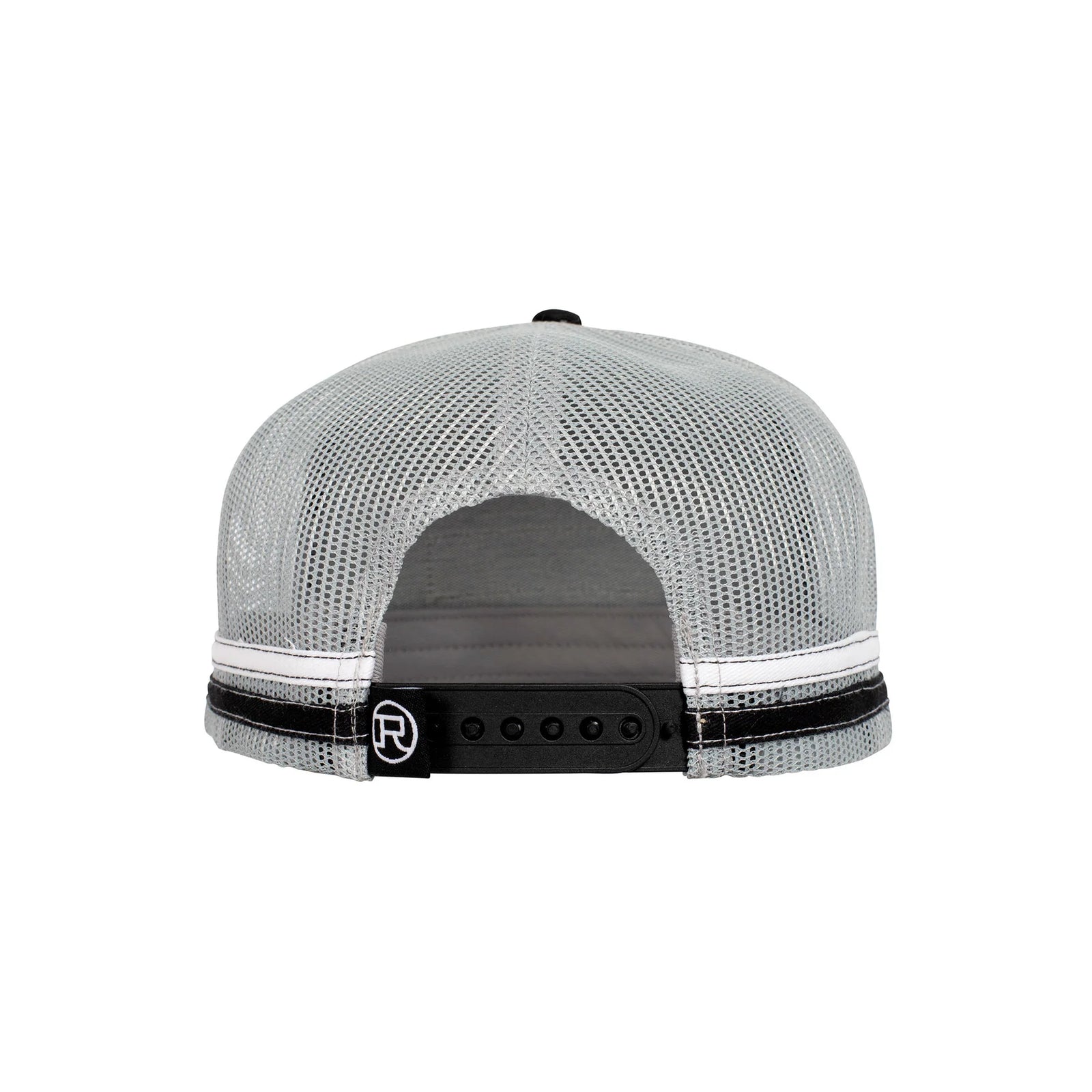 Roper Trucker Cap. Black and white trucker cap with a brown leather patch on a white background