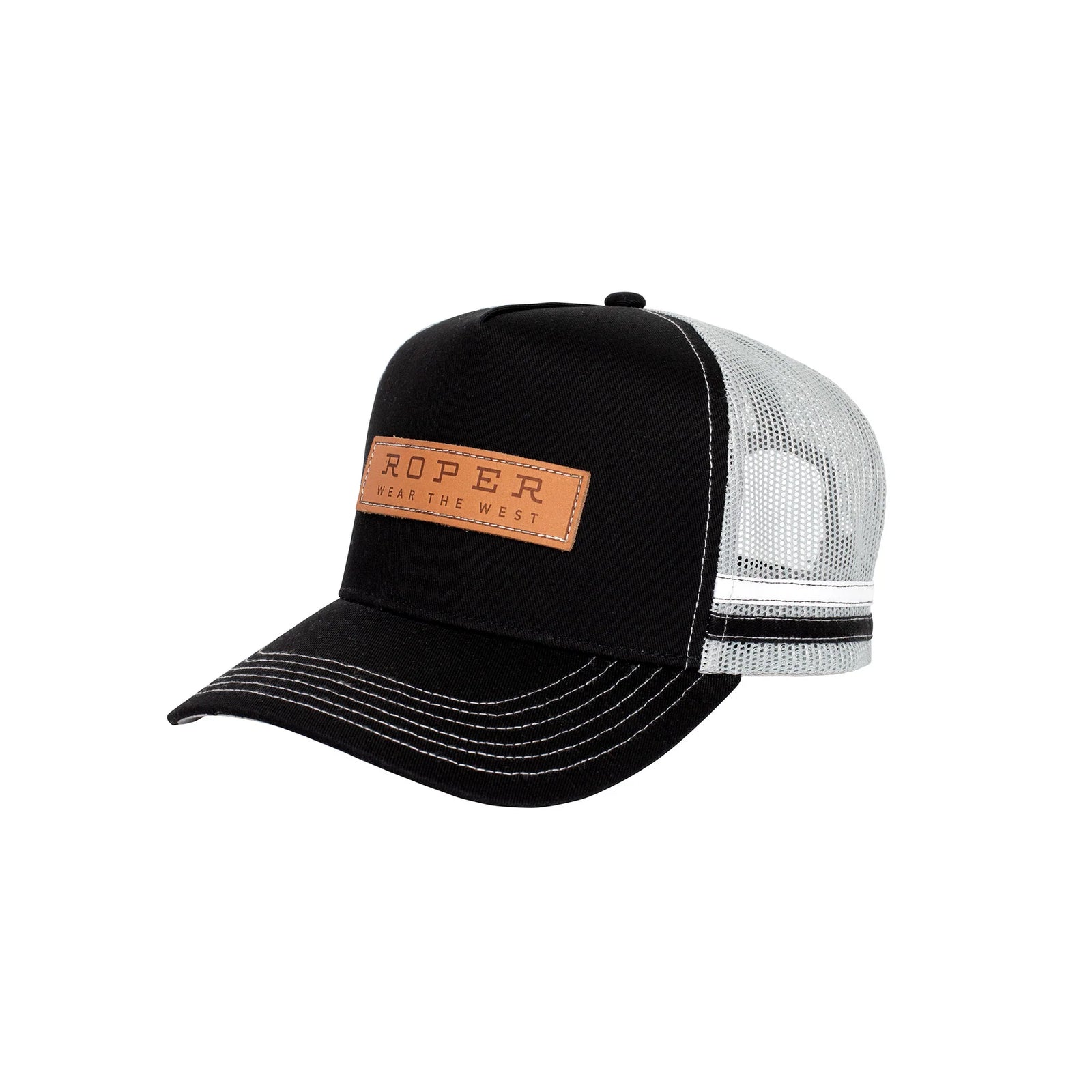 Roper Trucker Cap. Black and white trucker cap with a brown leather patch on a white background