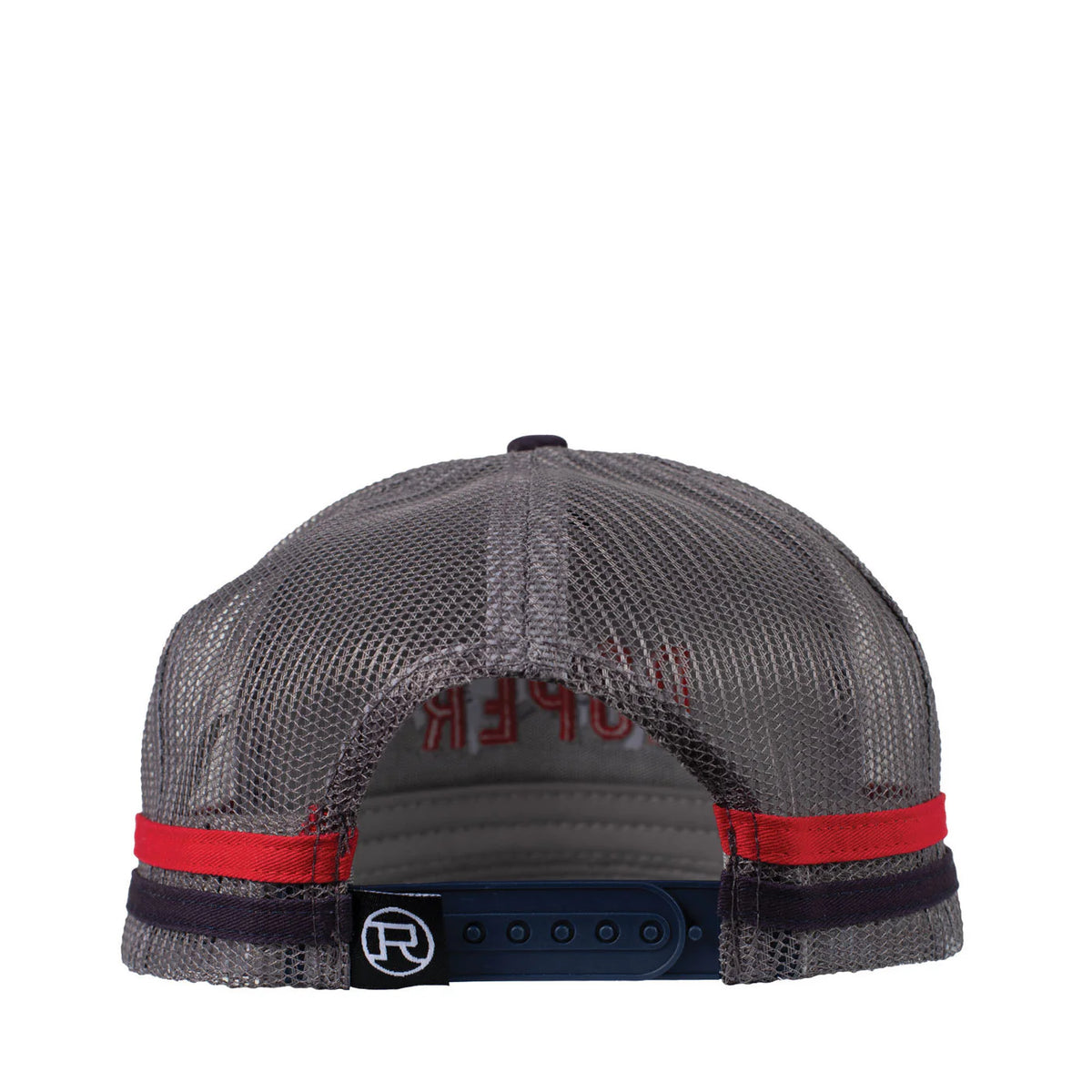 Roper Trucker Cap Aztec Bison. Gray mesh cap with red and black accents on a white background