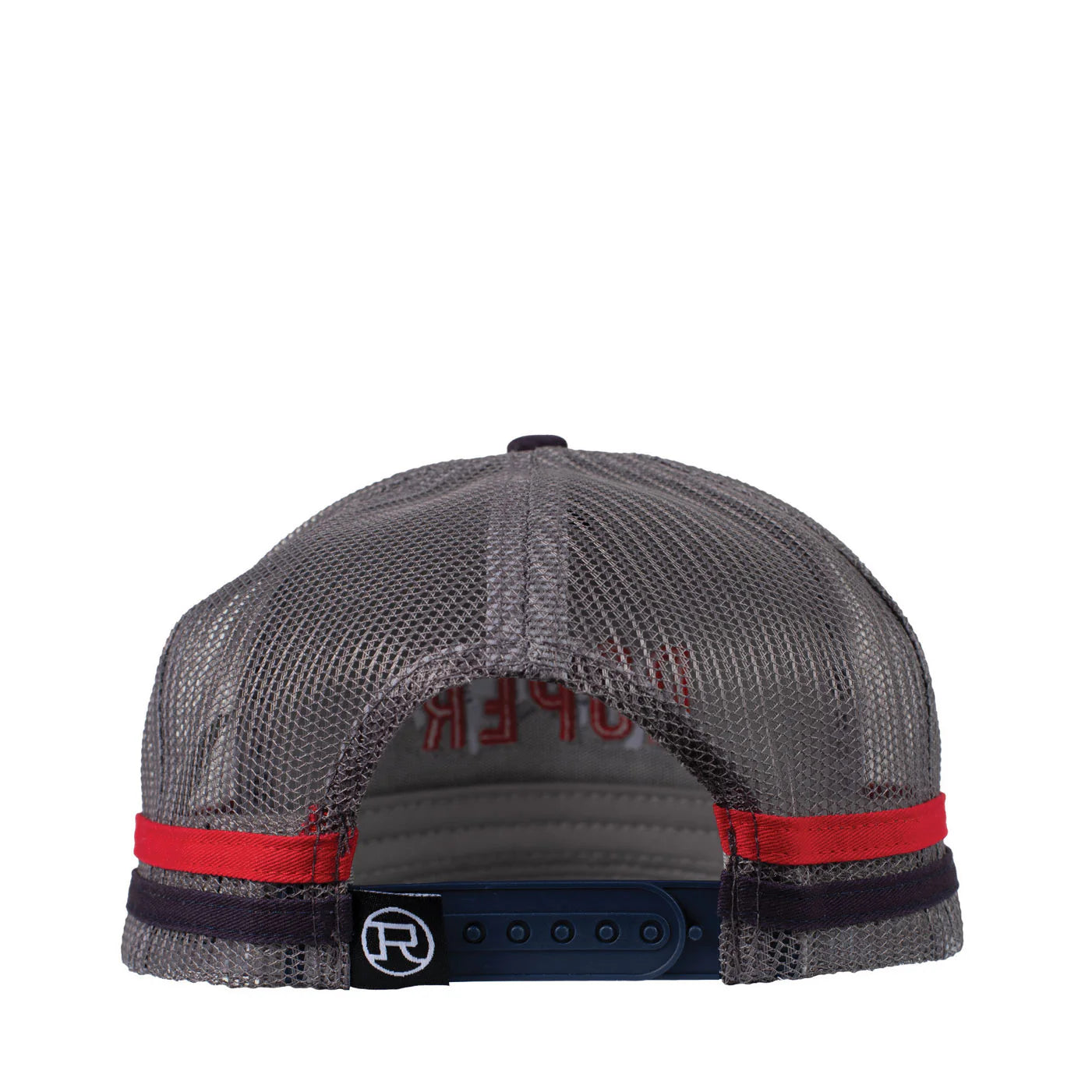Roper Trucker Cap Aztec Bison. Gray mesh cap with red and black accents on a white background
