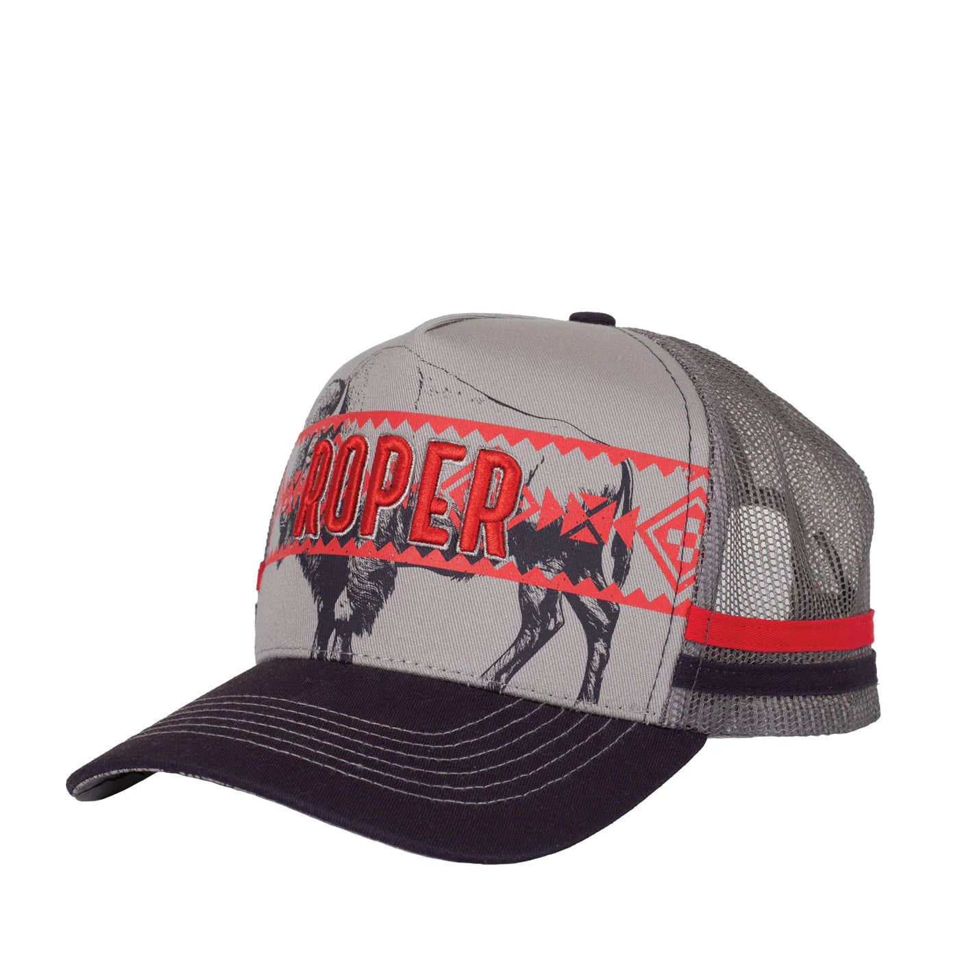 Roper Trucker Cap Aztec Bison. Gray and black cap with red and black 'Roper' branding on a white background