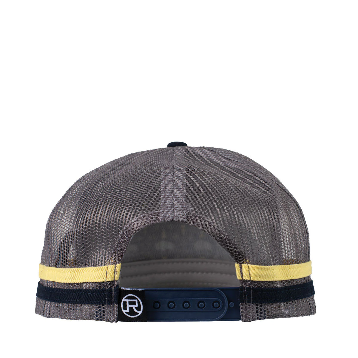 Roper Trucker Cap Bison Print. Gray mesh cap with yellow and black accents on a white background