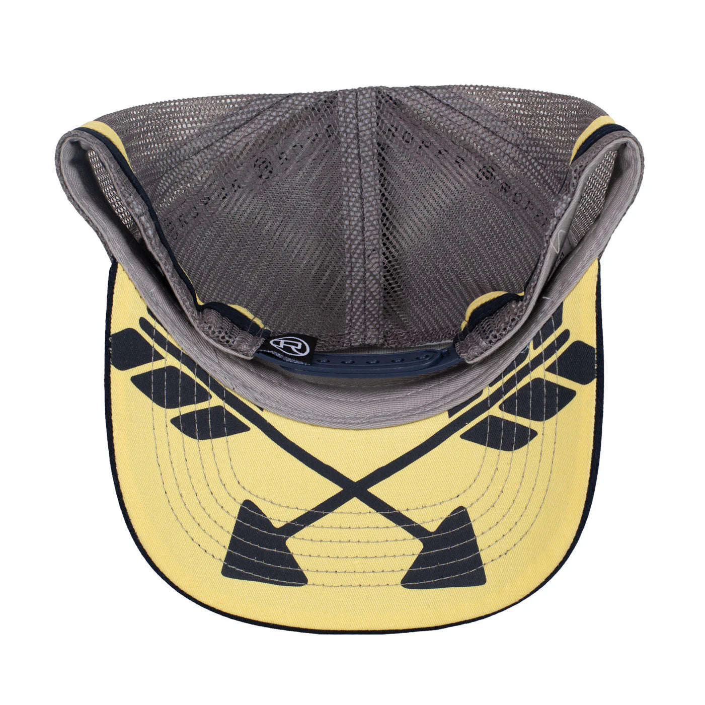 Roper Trucker Cap Bison Print. Yellow cap with black arrow design on a white background