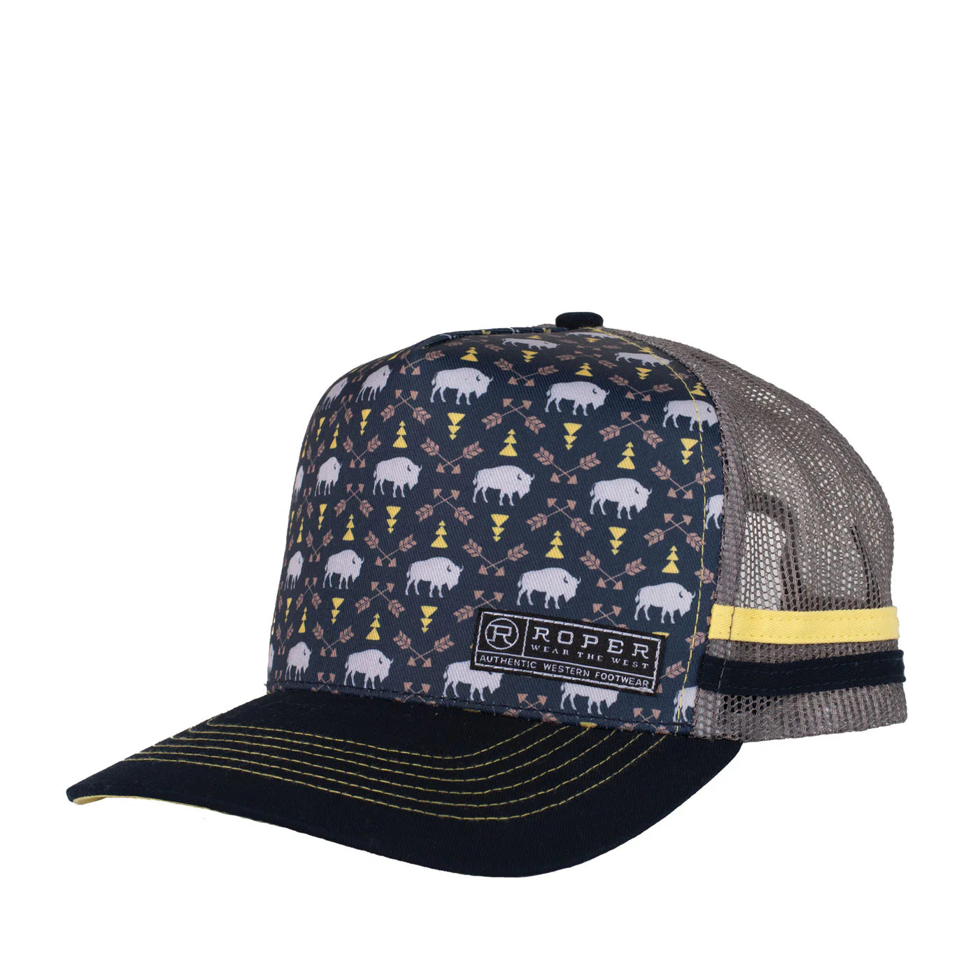 Roper Trucker Cap Bison Print. Trucker hat with animal pattern and mesh back on a white background