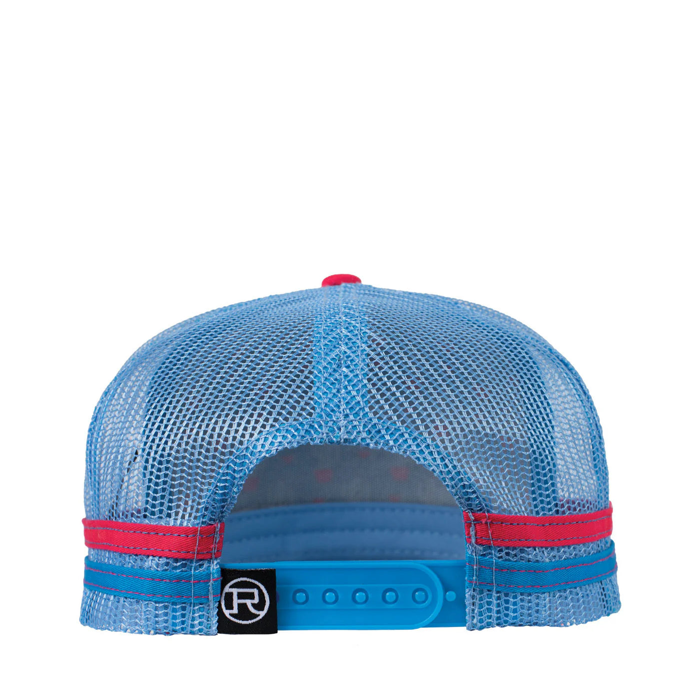 Roper Trucker Cap Cactus Print. Blue mesh cap with pink accents on a white background