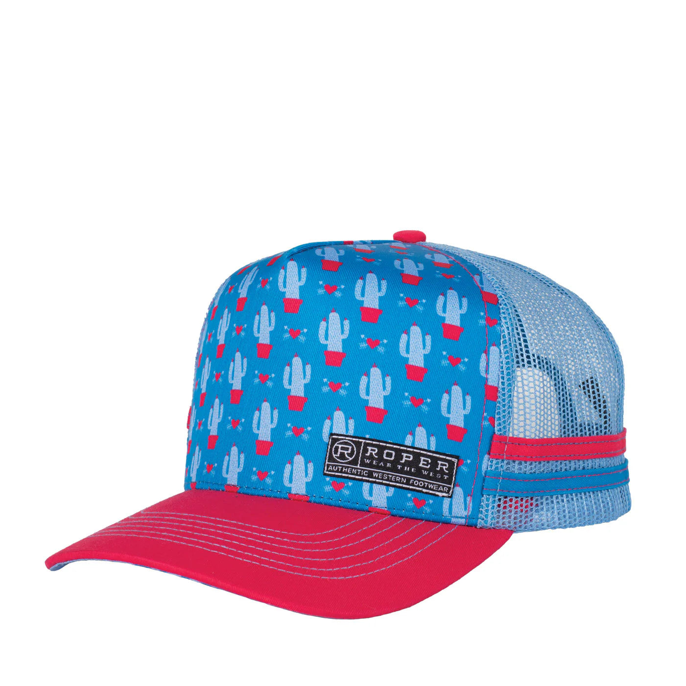 Roper Trucker Cap Cactus Print. Blue and pink cap with cactus pattern on a white background