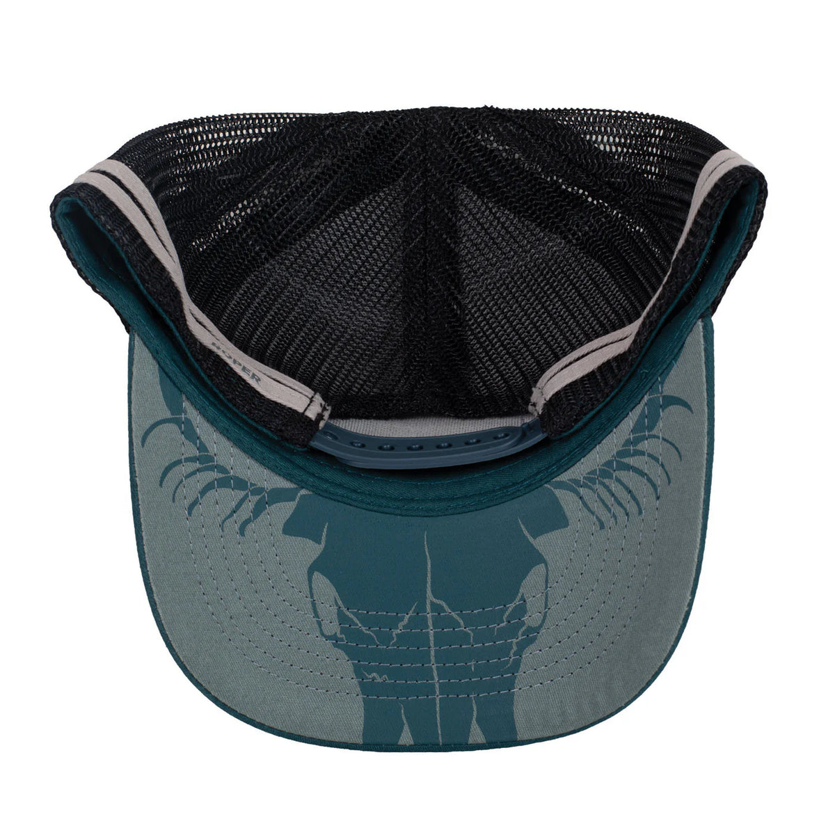 Roper Trucker Cap Bull Skull. Back view of a cap with a black mesh interior and blue exterior design on a white background