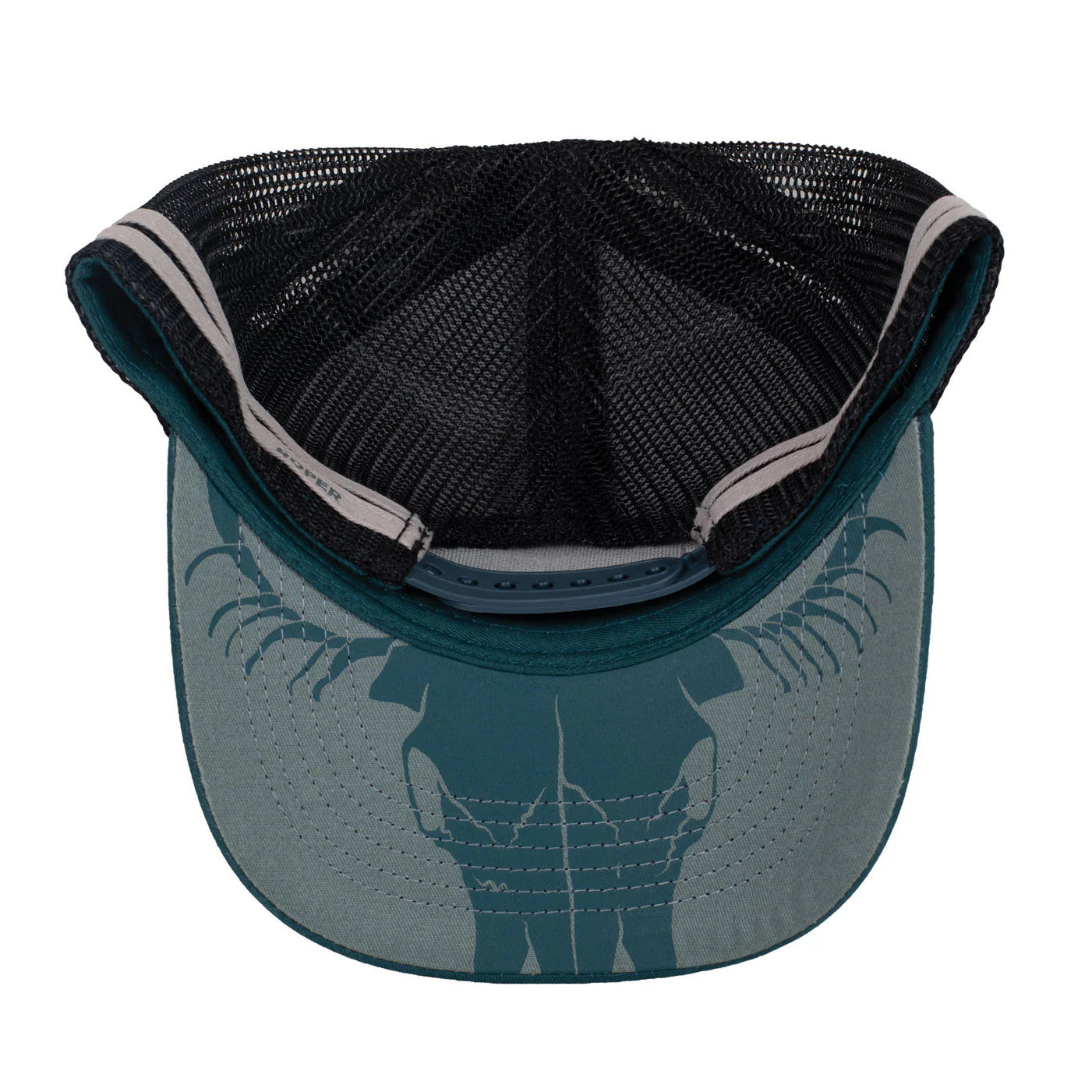 Roper Trucker Cap Bull Skull. Teal cap with black mesh back and Roper logo on a white background