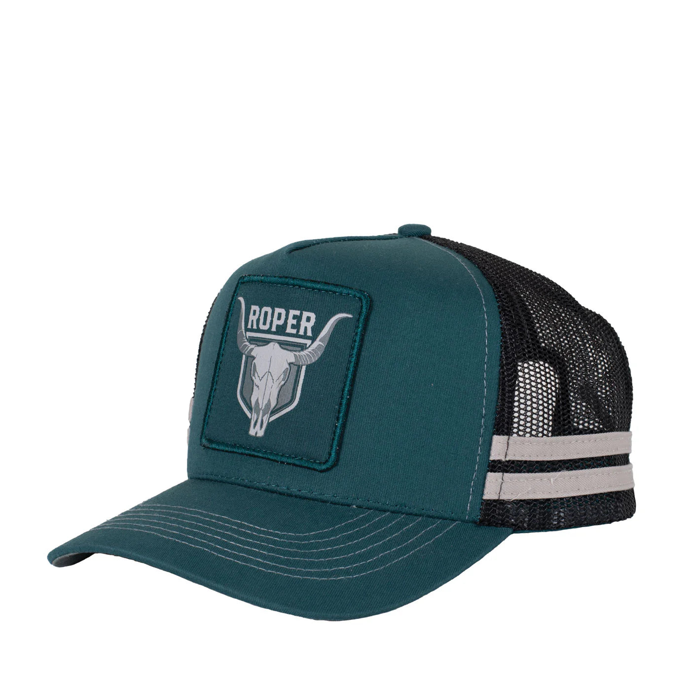 Roper Trucker Cap Bull Skull. Teal cap with black mesh back and Roper logo on a white background