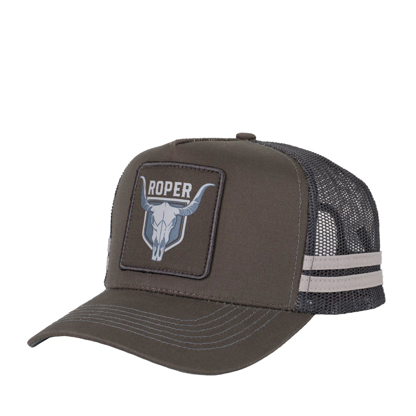 Roper Trucker Cap Bull Skull. Gray trucker cap with mesh back and Roper logo on a white background