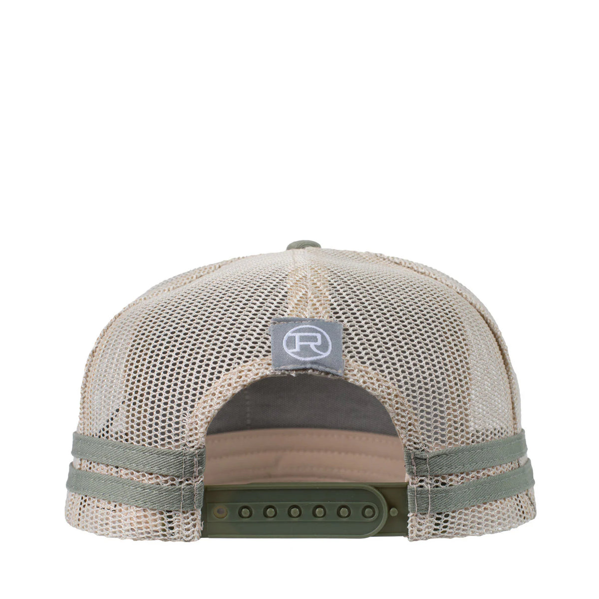 Roper Trucker Cap Cattle Tag. Beige mesh cap with a logo on the back against a white background