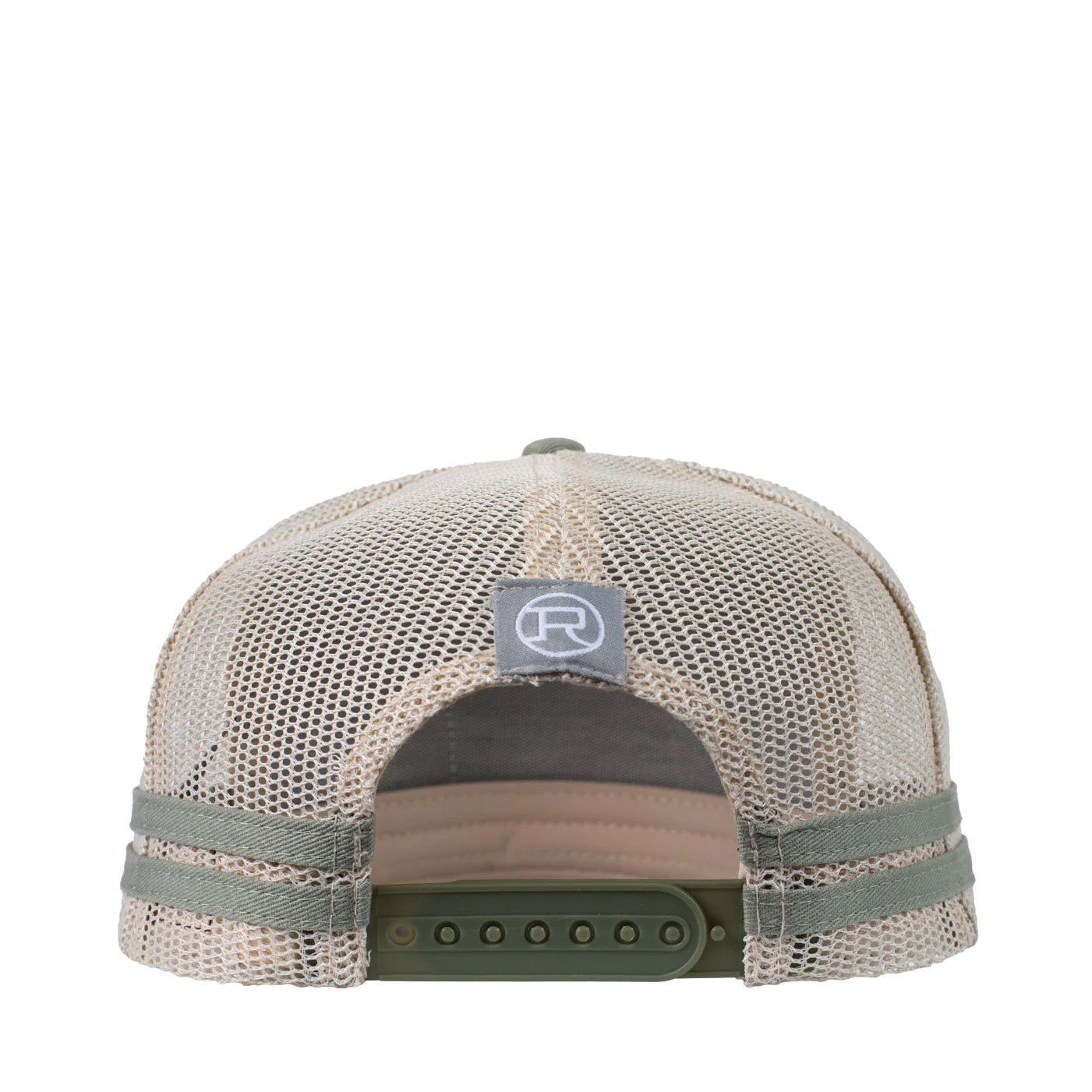 Roper Trucker Cap Cattle Tag. Beige mesh cap with a logo on the back against a white background