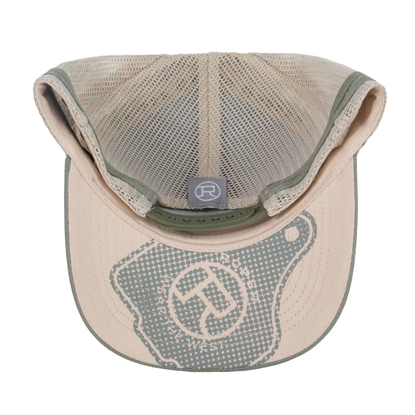 Roper Trucker Cap Cattle Tag. Green trucker cap with a leather patch on a white background