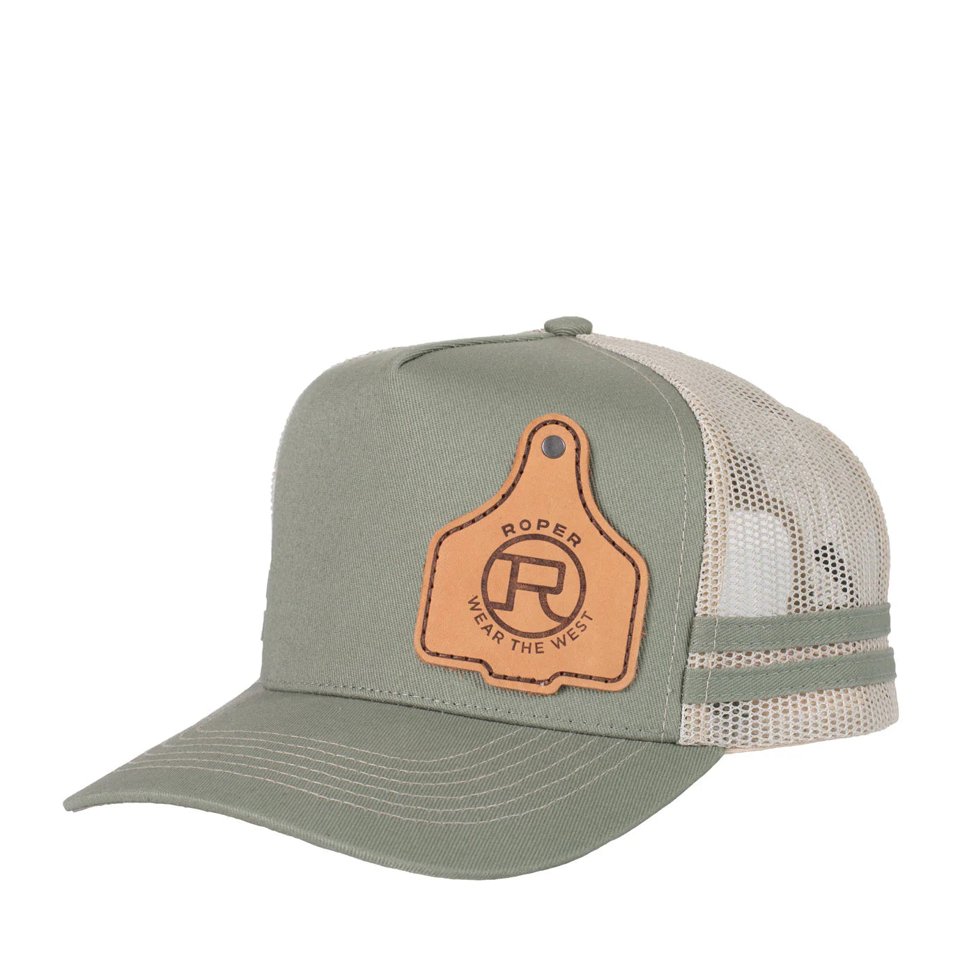 Roper Trucker Cap Cattle Tag. Green trucker cap with a leather patch on a white background
