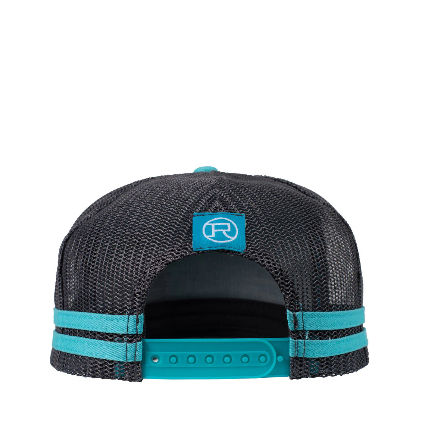 Roper Trucker Cap Cattle Tag. Turquoise and black trucker hat with a leather patch on a white background