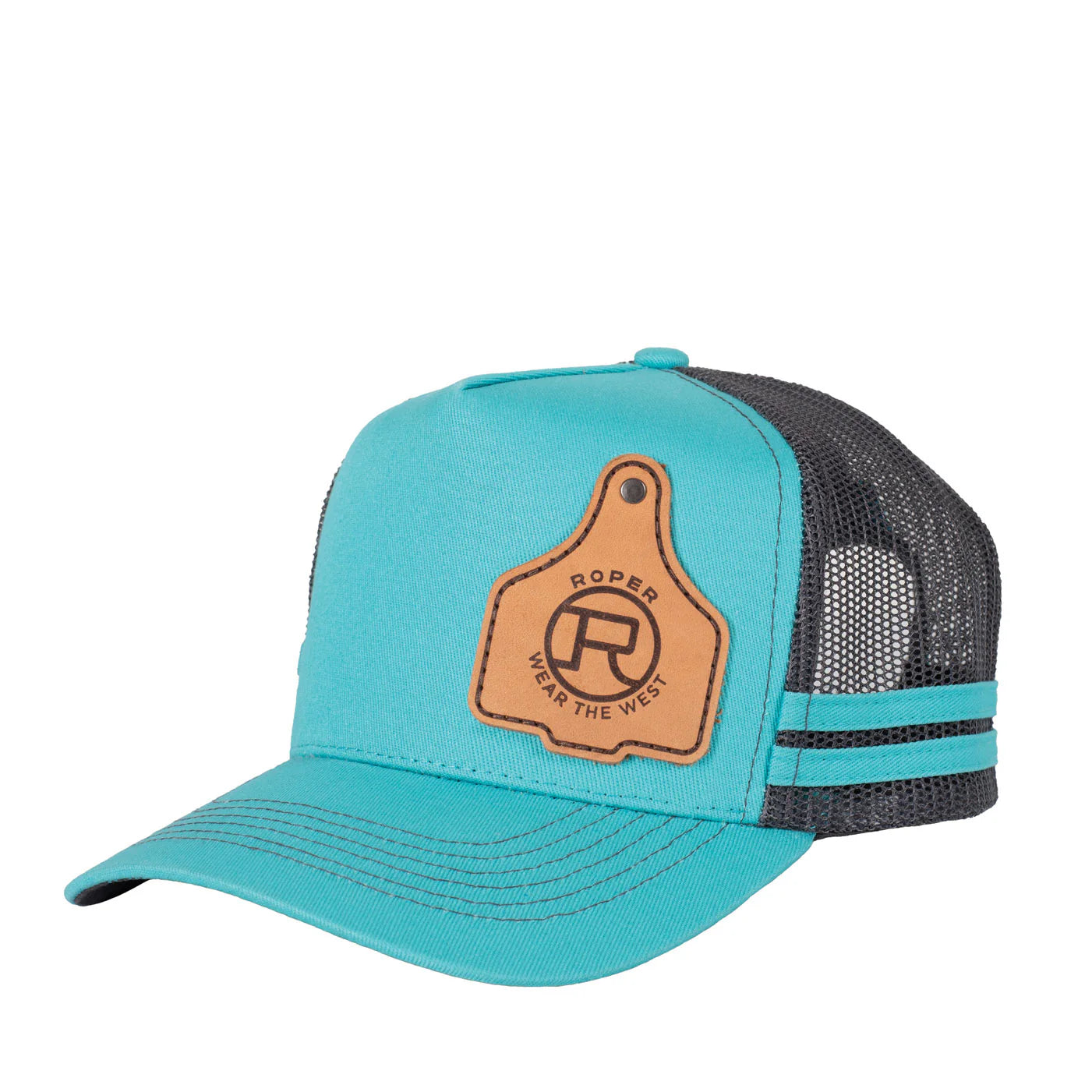 Roper Trucker Cap Cattle Tag. Turquoise and black trucker hat with a leather patch on a white background