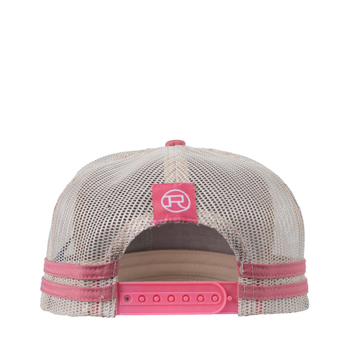 Roper Trucker Cap Cattle Tag. Trucker hat with pink and beige mesh design on a white background