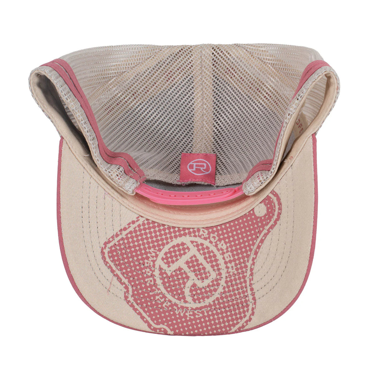 Roper Trucker Cap Cattle Tag. Beige and pink cap with mesh back on a white background