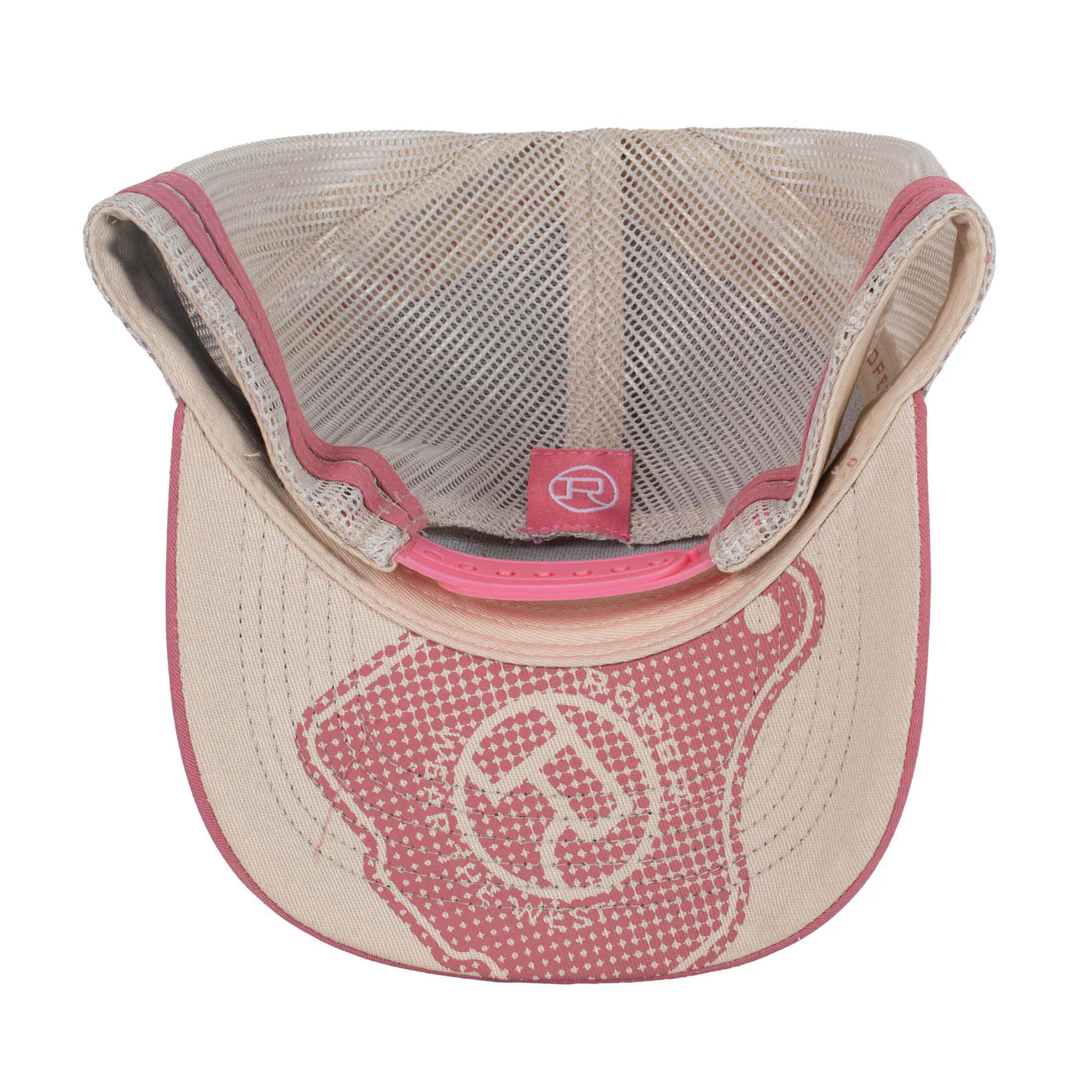 Roper Trucker Cap Cattle Tag. Beige and pink cap with mesh back on a white background