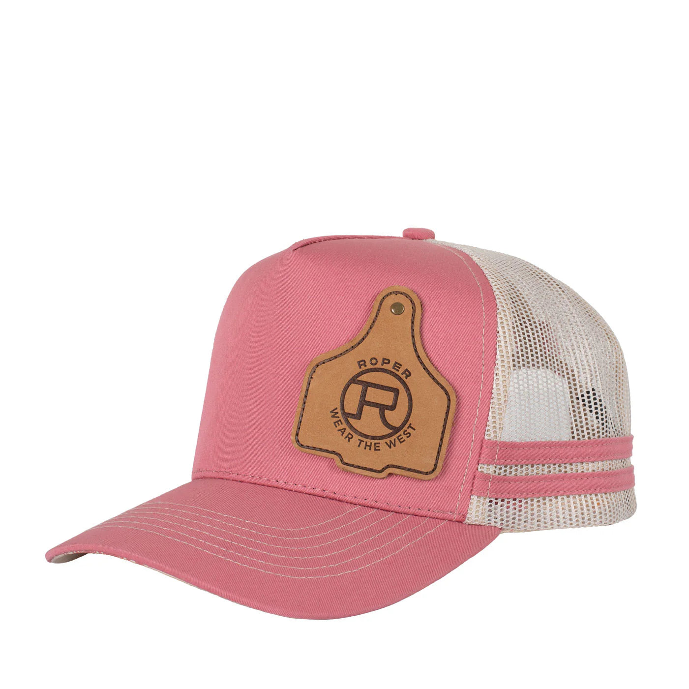 Roper Trucker Cap Cattle Tag. Pink trucker hat with a brown leather patch on a white background