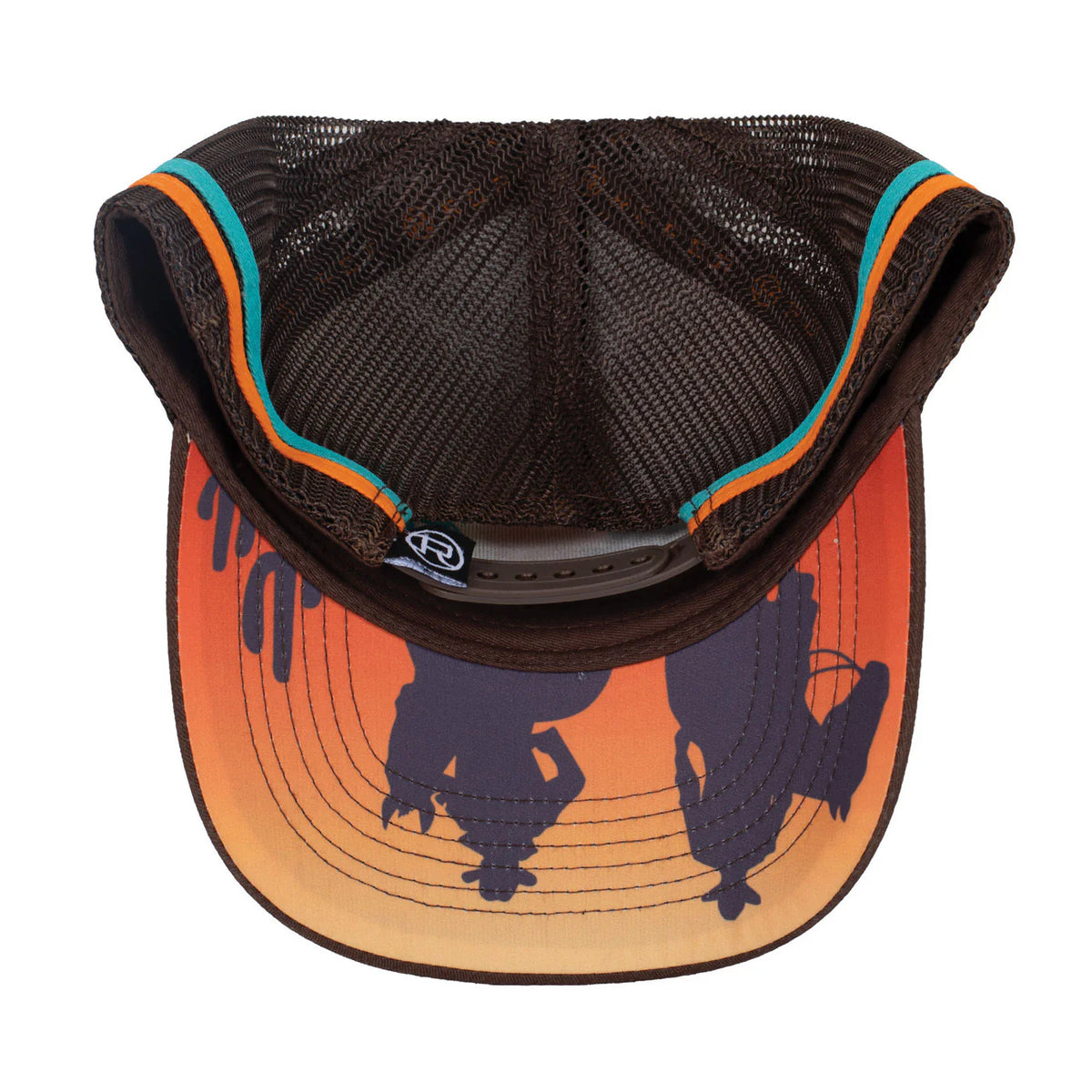 Roper Trucker Cap Cowfolk Sunset. Back view of a cap with orange and black design on a white background